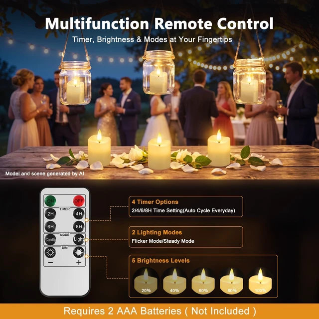 Alt view image 3 of 7 - Flameless Candles with Remote Timer, Rechargeable LED Tea Lights, 6 Pack | 100H Runtime, Flicker/Steady Modes, 2/4/6/8H Timer, Warm White Glow for Halloween Christmas Wedding Birthday Party Decor