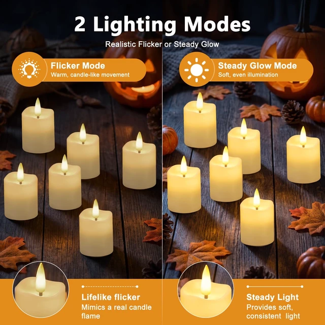 Alt view image 5 of 7 - Flameless Candles with Remote Timer, Rechargeable LED Tea Lights, 6 Pack | 100H Runtime, Flicker/Steady Modes, 2/4/6/8H Timer, Warm White Glow for Halloween Christmas Wedding Birthday Party Decor