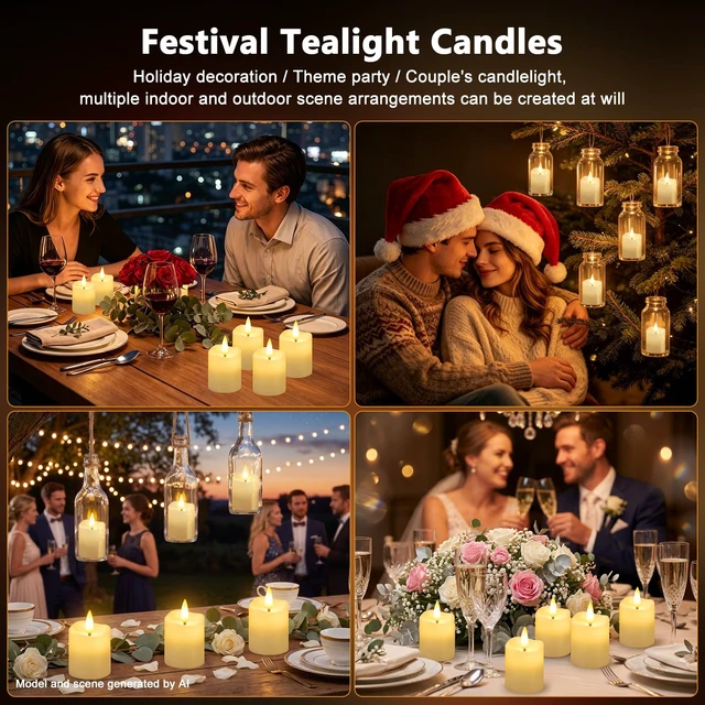 Alt view image 6 of 7 - Flameless Candles with Remote Timer, Rechargeable LED Tea Lights, 6 Pack | 100H Runtime, Flicker/Steady Modes, 2/4/6/8H Timer, Warm White Glow for Halloween Christmas Wedding Birthday Party Decor