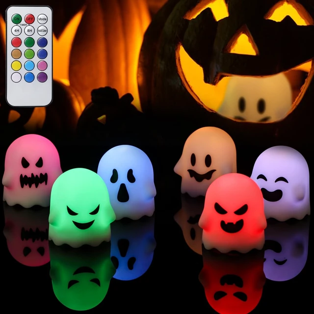 Main image of Halloween Flameless Ghost Candles with Remote and Timer | Color Changing Battery Operated LED Tea Lights Candles for Halloween Home Horror Party Decoration(2 x 2.4 Inches)