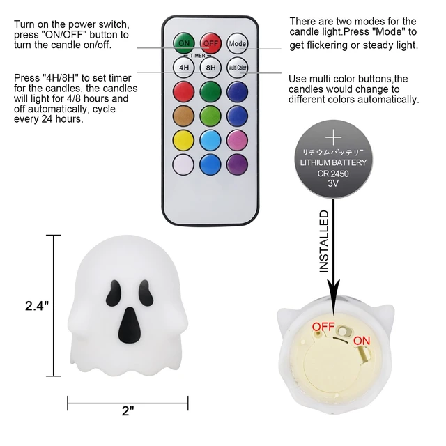 Alt view image 2 of 7 - Halloween Flameless Ghost Candles with Remote and Timer | Color Changing Battery Operated LED Tea Lights Candles for Halloween Home Horror Party Decoration(2 x 2.4 Inches)