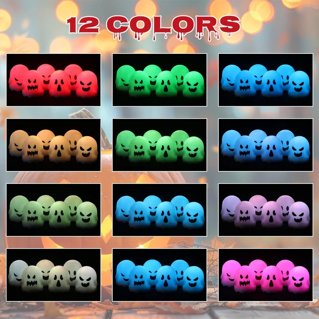 Alt view image 4 of 7 - Halloween Flameless Ghost Candles with Remote and Timer | Color Changing Battery Operated LED Tea Lights Candles for Halloween Home Horror Party Decoration(2 x 2.4 Inches)
