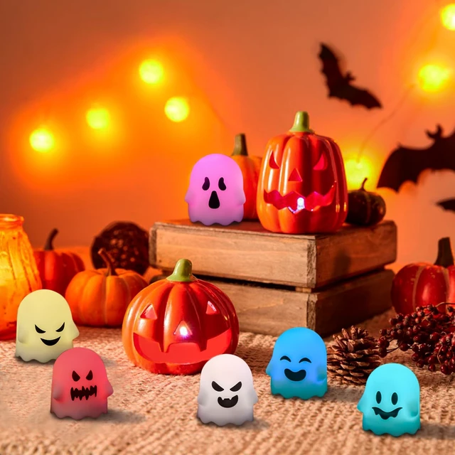 Alt view image 6 of 7 - Halloween Flameless Ghost Candles with Remote and Timer | Color Changing Battery Operated LED Tea Lights Candles for Halloween Home Horror Party Decoration(2 x 2.4 Inches)