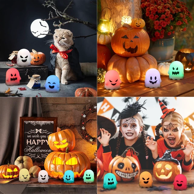 Alt view image 7 of 7 - Halloween Flameless Ghost Candles with Remote and Timer | Color Changing Battery Operated LED Tea Lights Candles for Halloween Home Horror Party Decoration(2 x 2.4 Inches)