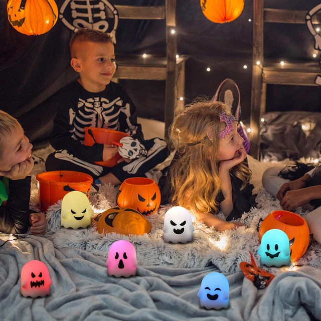 Alt view image 5 of 7 - Halloween Flameless Ghost Candles with Remote and Timer | Color Changing Battery Operated LED Tea Lights Candles for Halloween Home Horror Party Decoration(2 x 2.4 Inches)