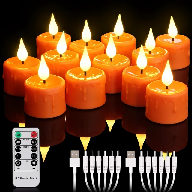 Main image of 12PCS Rechargeable Tea Lights Candles with Remote & 2/4/6/8H Timer | 3D Wick Flameless Votive Candles, Recharge 6 Together, Warm White Flickering Battery Tea Lights, Halloween Home Decor, Orange