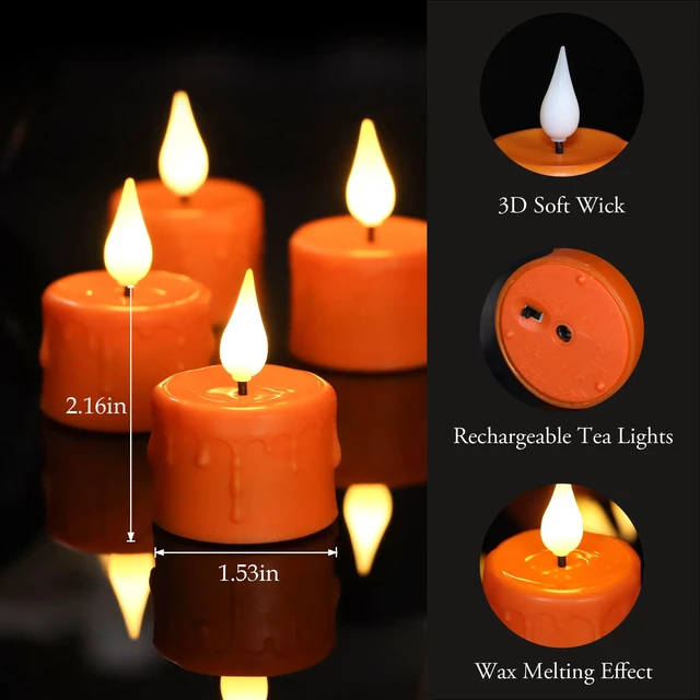 Alt view image 2 of 7 - 12PCS Rechargeable Tea Lights Candles with Remote & 2/4/6/8H Timer | 3D Wick Flameless Votive Candles, Recharge 6 Together, Warm White Flickering Battery Tea Lights, Halloween Home Decor, Orange
