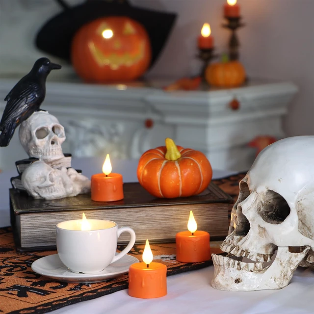 Alt view image 4 of 7 - 12PCS Rechargeable Tea Lights Candles with Remote & 2/4/6/8H Timer | 3D Wick Flameless Votive Candles, Recharge 6 Together, Warm White Flickering Battery Tea Lights, Halloween Home Decor, Orange