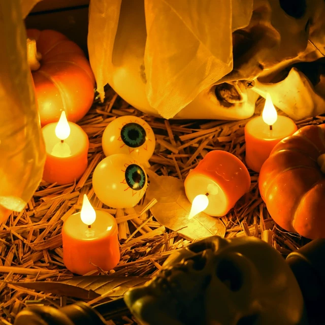 Alt view image 5 of 7 - 12PCS Rechargeable Tea Lights Candles with Remote & 2/4/6/8H Timer | 3D Wick Flameless Votive Candles, Recharge 6 Together, Warm White Flickering Battery Tea Lights, Halloween Home Decor, Orange