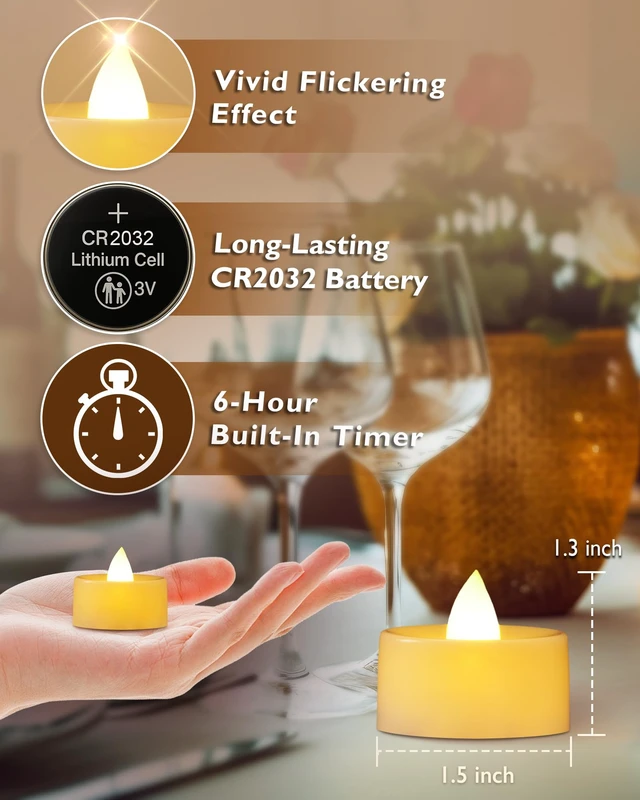 Alt view image 2 of 7 - Battery Operated Tea Lights with Timer, Flickering Votive Candle | 12 Pack 6H Timer Built-in, Flameless Tea Lights in Warm White for Wedding Party Halloween Thanksgiving Christmas Decorations
