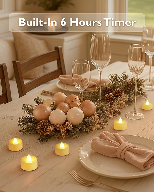 Alt view image 3 of 7 - Battery Operated Tea Lights with Timer, Flickering Votive Candle | 12 Pack 6H Timer Built-in, Flameless Tea Lights in Warm White for Wedding Party Halloween Thanksgiving Christmas Decorations