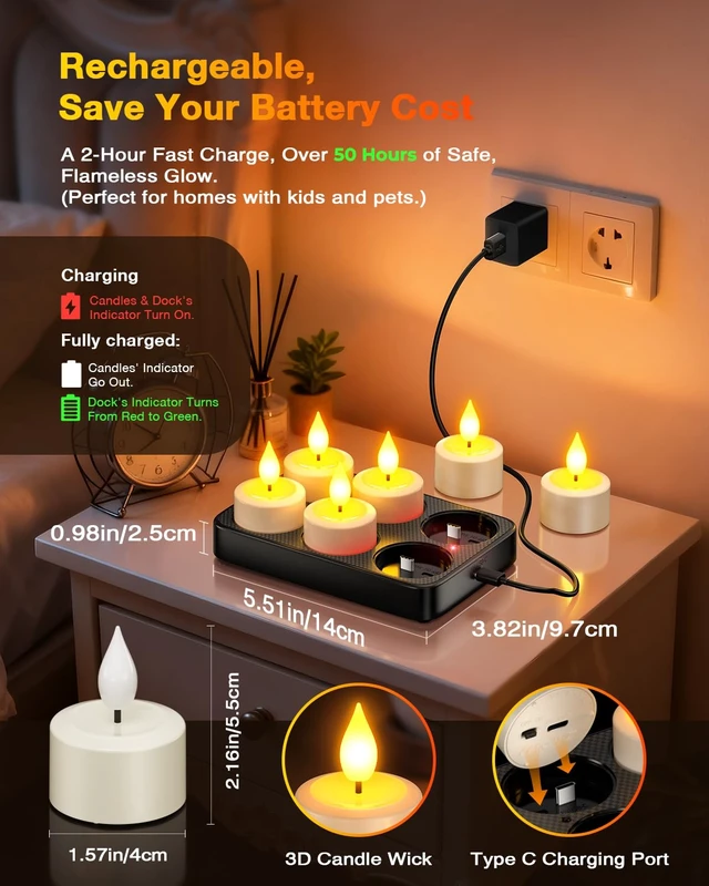 Alt view image 2 of 7 - Rechargeable Tea Lights with Remote & Timer, Charging Dock | LED Battery Operated Flickering Flameless, Electric Votive Tealights Candles, for Home Holiday Wedding Party Decor, 6 Pack