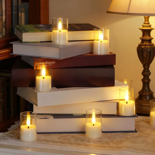 Alt view image 5 of 6 - 8pcs Battery Operated 1.7" x2.5" Clear Acrylic Remote LED Tea Lights, Flameless 2/4/6/8h Timer Fake Ivory Bulk Votive Candles with Batteries, Flickering Warm Light Pure Plastic Tealights