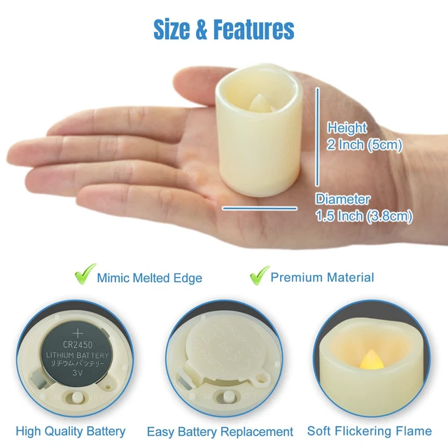 Alt view image 6 of 6 - 10 PCS 2 Inch LED Flickering Flameless Votive Tea Lights with Remote Control, Battery Operated Timer Tealights for Christmas, Halloween Decorations (Batteries Included) 200 Hours