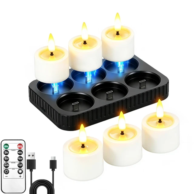 Main image of 6 Pack Rechargeable Tea Lights Candles with Charging Base and Remote Timer | 1.5"x2" Small Flameless Candles Battery Operated, Electric Votive Candles for Halloween Wedding Party Table Home Decor