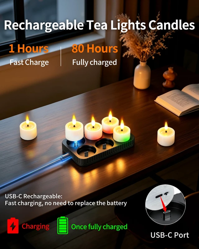 Alt view image 2 of 7 - 6 Pack Rechargeable Tea Lights Candles with Charging Base and Remote Timer | 1.5"x2" Small Flameless Candles Battery Operated, Electric Votive Candles for Halloween Wedding Party Table Home Decor