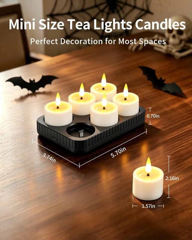 Alt view image 3 of 7 - 6 Pack Rechargeable Tea Lights Candles with Charging Base and Remote Timer | 1.5"x2" Small Flameless Candles Battery Operated, Electric Votive Candles for Halloween Wedding Party Table Home Decor