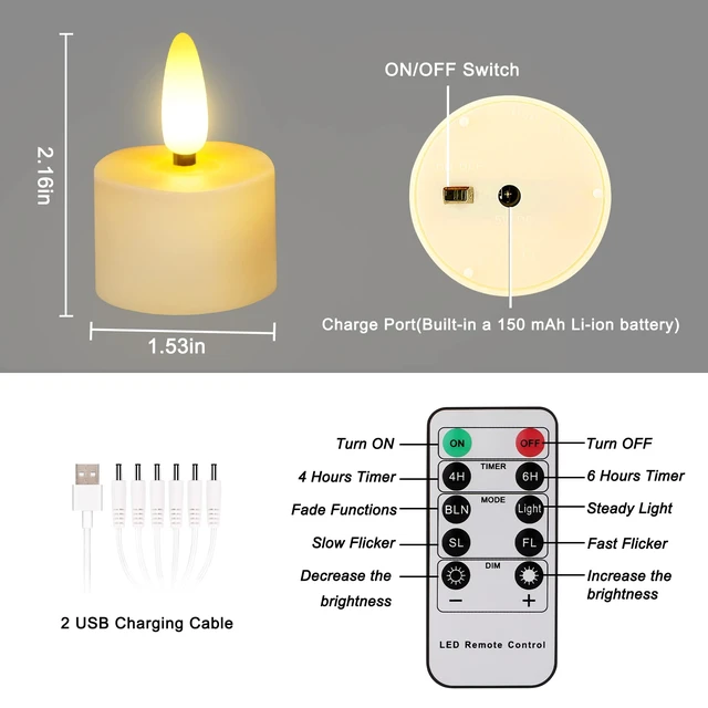 Alt view image 6 of 7 - USB Rechargeable 3D Wicks Tealights Candle Flameless Flickering Battery Operated with Remote Control & Timer Realistic Led Tea Lights for Halloween Christmas Home Decor (12 PCS,Rechargeable)