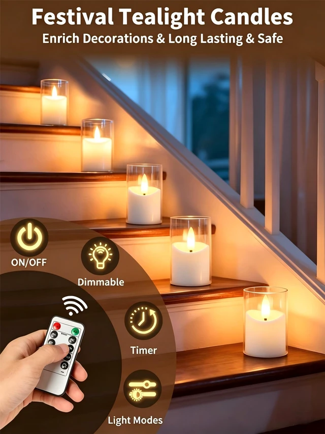 Alt view image 3 of 7 - Rechargeable Flameless Tea Light Candles with Timer Remote, 1.7"x2.5" Acrylic Small Votive Electric LED Candles Battery Operated for Halloween Christmas Wedding Decor (Pack of 6, White)