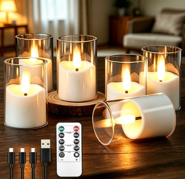 Main image of Rechargeable Flameless Tea Light Candles with Timer Remote, 1.7"x2.5" Acrylic Small Votive Electric LED Candles Battery Operated for Halloween Christmas Wedding Decor (Pack of 6, White)