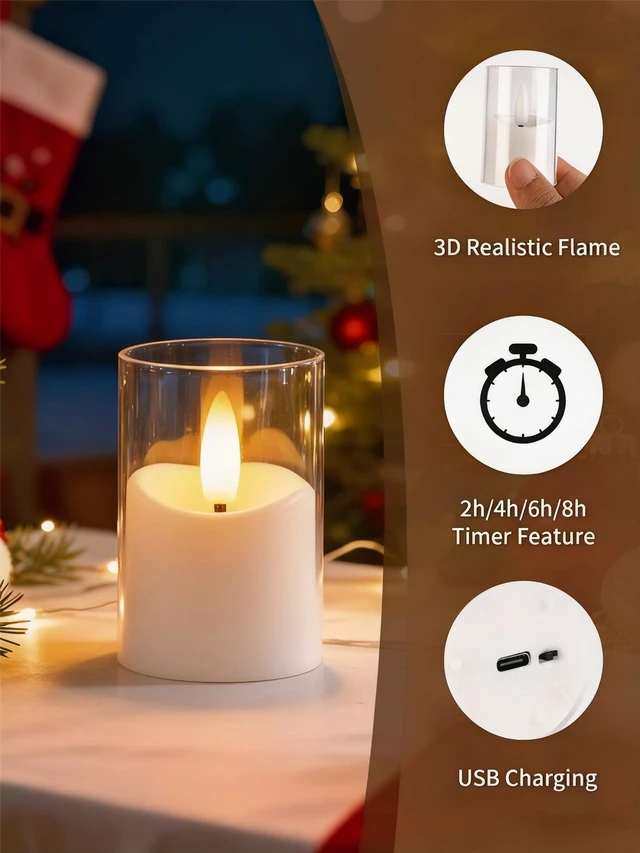 Alt view image 6 of 7 - Rechargeable Flameless Tea Light Candles with Timer Remote, 1.7"x2.5" Acrylic Small Votive Electric LED Candles Battery Operated for Halloween Christmas Wedding Decor (Pack of 6, White)