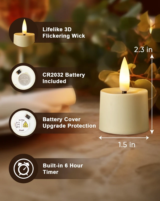 Alt view image 2 of 7 - 12Pack Timer Tea Lights Candles Battery Operated, Ivory Base | 6H Timer Built-in, Realistic 3D Flickering Flameless LED TeaLight Candles, Small Votive Fake Candle for Home Decor