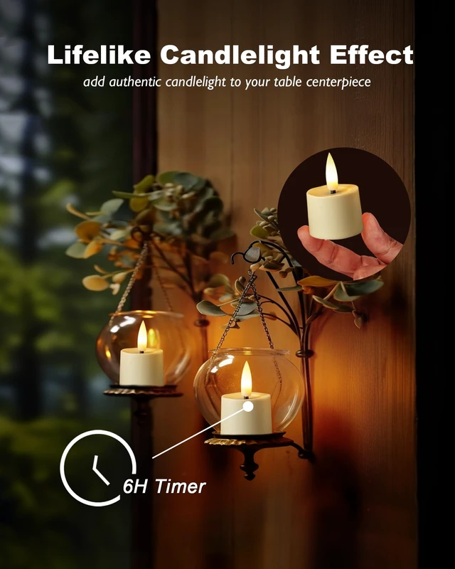 Alt view image 3 of 7 - 12Pack Timer Tea Lights Candles Battery Operated, Ivory Base | 6H Timer Built-in, Realistic 3D Flickering Flameless LED TeaLight Candles, Small Votive Fake Candle for Home Decor