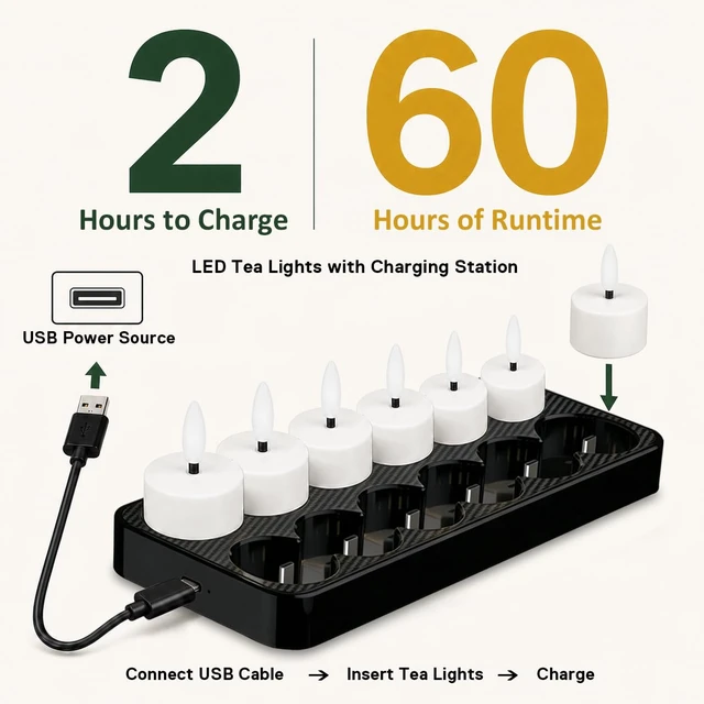 Alt view image 2 of 7 - Rechargeable LED Tea Lights with USB Charging Base & Remote Timer | Battery Operated Flameless Flickering Votive Candles for Weddings, Emergency, Halloween, and Christmas Decorative 12pcs
