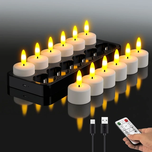 Main image of Rechargeable LED Tea Lights with USB Charging Base & Remote Timer | Battery Operated Flameless Flickering Votive Candles for Weddings, Emergency, Halloween, and Christmas Decorative 12pcs