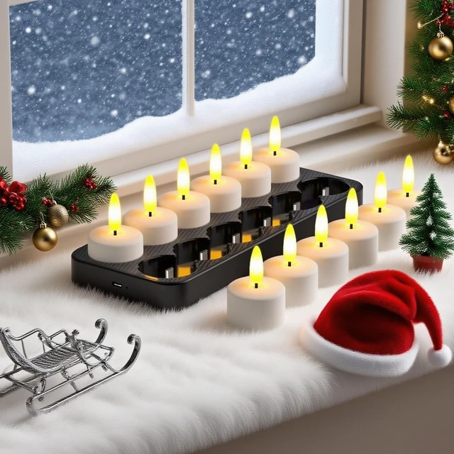 Alt view image 3 of 7 - Rechargeable LED Tea Lights with USB Charging Base & Remote Timer | Battery Operated Flameless Flickering Votive Candles for Weddings, Emergency, Halloween, and Christmas Decorative 12pcs