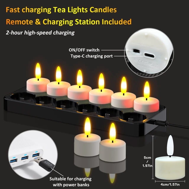 Alt view image 4 of 7 - Rechargeable LED Tea Lights with USB Charging Base & Remote Timer | Battery Operated Flameless Flickering Votive Candles for Weddings, Emergency, Halloween, and Christmas Decorative 12pcs