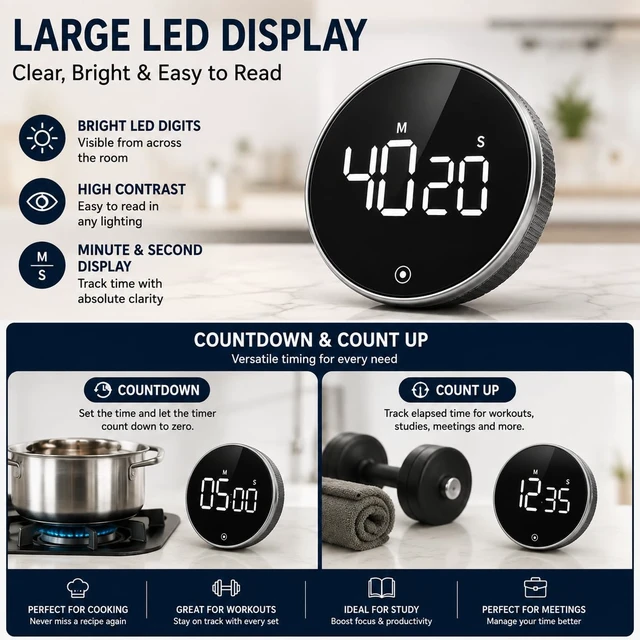 Alt view image 2 of 6 - Magnetic Digital Timers, Digital Countdown Kitchen Timer,Digital Cooking Timer for Seniors, Adult and Kids to Use,Battery Powered, Silent Movement (Silver)