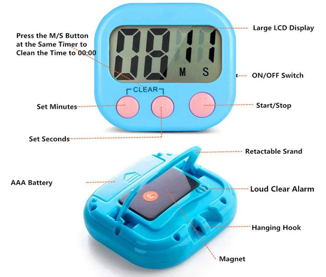 Alt view image 2 of 7 - Digital Kitchen Timer, Big Display Screen, Loud Alarm, Strong Magnetic Backing Stand, Cooking Baking Kids Classroom Teacher Game Timers, Minute Seconds Count Up Countdown and Simple Operation(4 Pack)