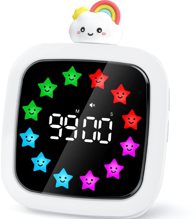 Main image of Digital Visual Timer for Kids, 99-Minute Countdown, Rechargeable | 19 Music Alarm, Pause Function, 9 Optional DIY Color Star Display, Rainbow Doll, for Study, Homeschool, Kitchen