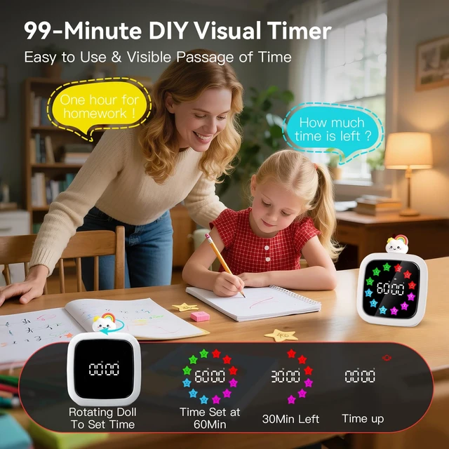 Alt view image 2 of 7 - Digital Visual Timer for Kids, 99-Minute Countdown, Rechargeable | 19 Music Alarm, Pause Function, 9 Optional DIY Color Star Display, Rainbow Doll, for Study, Homeschool, Kitchen