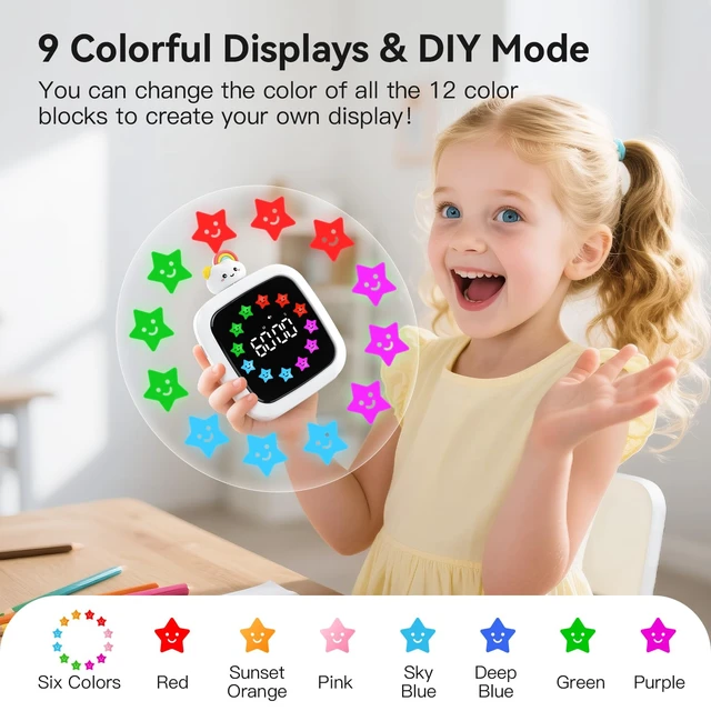 Alt view image 3 of 7 - Digital Visual Timer for Kids, 99-Minute Countdown, Rechargeable | 19 Music Alarm, Pause Function, 9 Optional DIY Color Star Display, Rainbow Doll, for Study, Homeschool, Kitchen