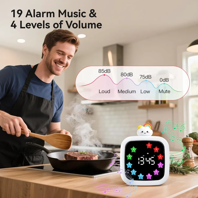 Alt view image 4 of 7 - Digital Visual Timer for Kids, 99-Minute Countdown, Rechargeable | 19 Music Alarm, Pause Function, 9 Optional DIY Color Star Display, Rainbow Doll, for Study, Homeschool, Kitchen