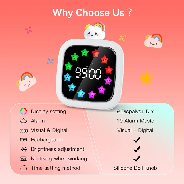Alt view image 7 of 7 - Digital Visual Timer for Kids, 99-Minute Countdown, Rechargeable | 19 Music Alarm, Pause Function, 9 Optional DIY Color Star Display, Rainbow Doll, for Study, Homeschool, Kitchen