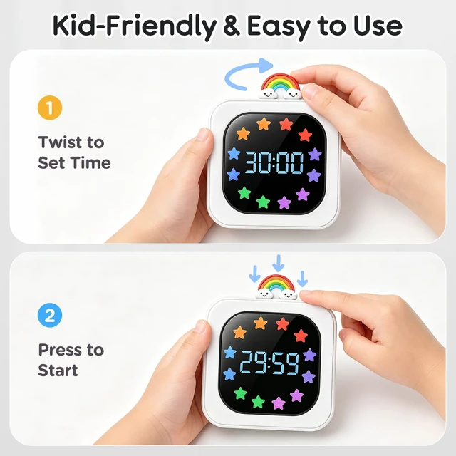 Alt view image 6 of 7 - Digital Visual Timer for Kids, Rechargeable 99-Minute Countdown with 12-Star Rainbow LED Display, 9 Color Modes, Silent Mode & Pause, Timer for Classroom, Home & Kitchen