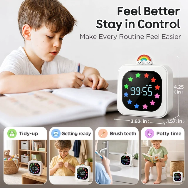 Alt view image 3 of 7 - Digital Visual Timer for Kids, Rechargeable 99-Minute Countdown with 12-Star Rainbow LED Display, 9 Color Modes, Silent Mode & Pause, Timer for Classroom, Home & Kitchen