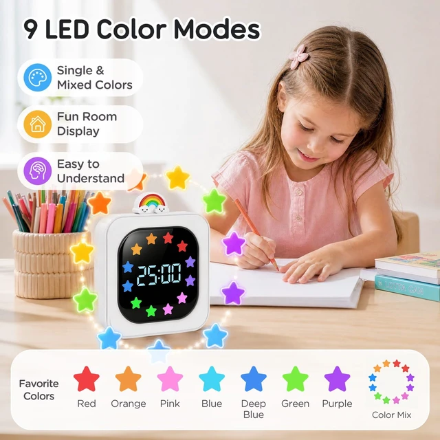 Alt view image 2 of 7 - Digital Visual Timer for Kids, Rechargeable 99-Minute Countdown with 12-Star Rainbow LED Display, 9 Color Modes, Silent Mode & Pause, Timer for Classroom, Home & Kitchen