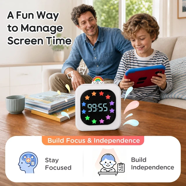 Alt view image 5 of 7 - Digital Visual Timer for Kids, Rechargeable 99-Minute Countdown with 12-Star Rainbow LED Display, 9 Color Modes, Silent Mode & Pause, Timer for Classroom, Home & Kitchen