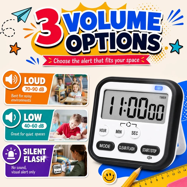 Alt view image 4 of 7 - Digital Timer for Kids Classroom Kitchen Timers 24H Timer Clock Black White | Loud Alarm/Silent Mode, Count Down/Up, Large ScreenMagnetic Timers for Cooking Exercise Study Teacher Supplies