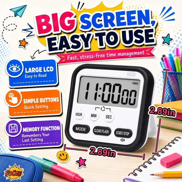 Alt view image 6 of 7 - Digital Timer for Kids Classroom Kitchen Timers 24H Timer Clock Black White | Loud Alarm/Silent Mode, Count Down/Up, Large ScreenMagnetic Timers for Cooking Exercise Study Teacher Supplies
