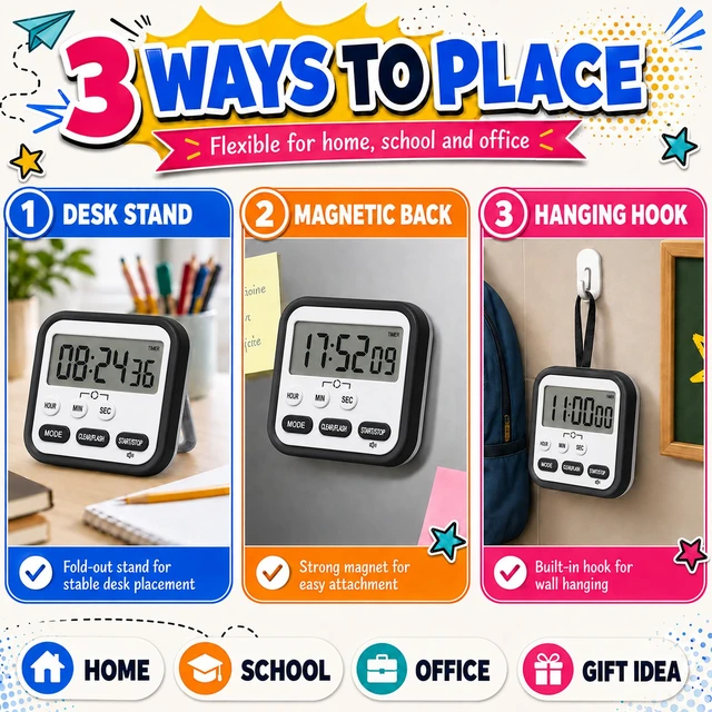 Alt view image 7 of 7 - Digital Timer for Kids Classroom Kitchen Timers 24H Timer Clock Black White | Loud Alarm/Silent Mode, Count Down/Up, Large ScreenMagnetic Timers for Cooking Exercise Study Teacher Supplies