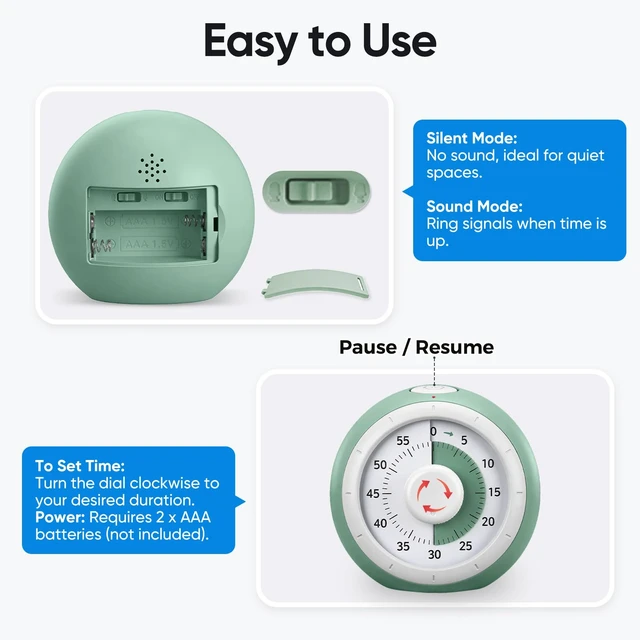 Alt view image 4 of 7 - 60 Minute Visual Timer for Kids, Silent Countdown Clock | Time Management Tool for Homeschool Study Supplies, Classroom, Home, Kitchen, Desk (Green)