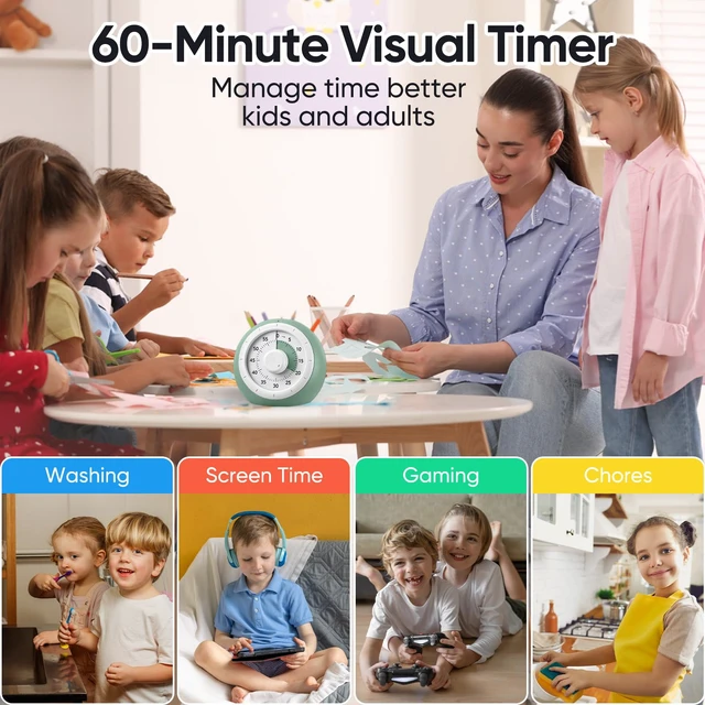 Alt view image 3 of 7 - 60 Minute Visual Timer for Kids, Silent Countdown Clock | Time Management Tool for Homeschool Study Supplies, Classroom, Home, Kitchen, Desk (Green)