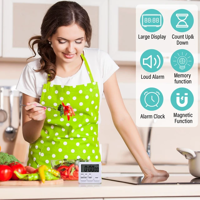 Alt view image 5 of 6 - 2 Pcs Digital Kitchen Timer 24 Hour Alarm, White | Magnetic Back Stand, Countdown Count up Loud Alarm, On/off Switch, Large Display for Cooking Baking Exercise Kitchen Timers