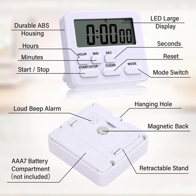 Alt view image 3 of 6 - 2 Pcs Digital Kitchen Timer 24 Hour Alarm, White | Magnetic Back Stand, Countdown Count up Loud Alarm, On/off Switch, Large Display for Cooking Baking Exercise Kitchen Timers
