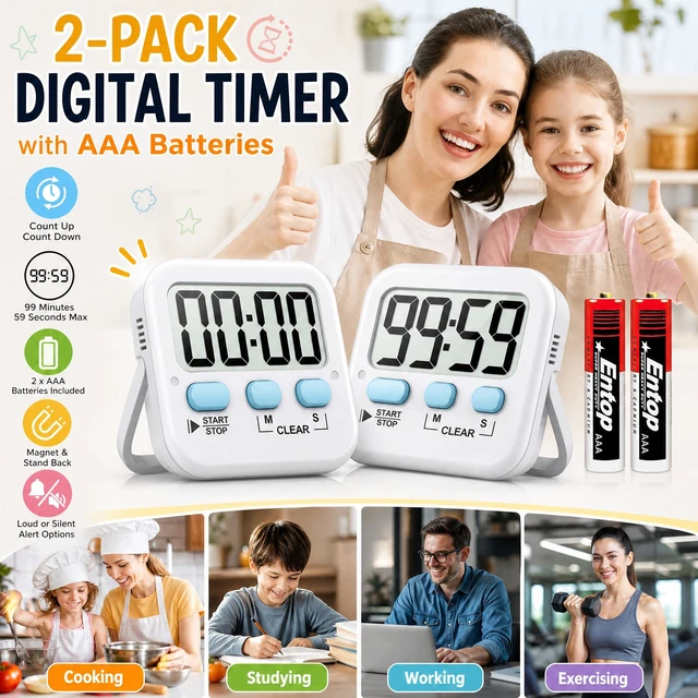 Alt view image 2 of 4 - 2 Pack Digital Timer for Kids Classroom Kitchen Timers for Cooking | With 2*AAA Battery, Count Up / Down, Loud Alarm & Silent FlashLight Mode, Magnetic Back, Kickstand, School Teacher Supplies
